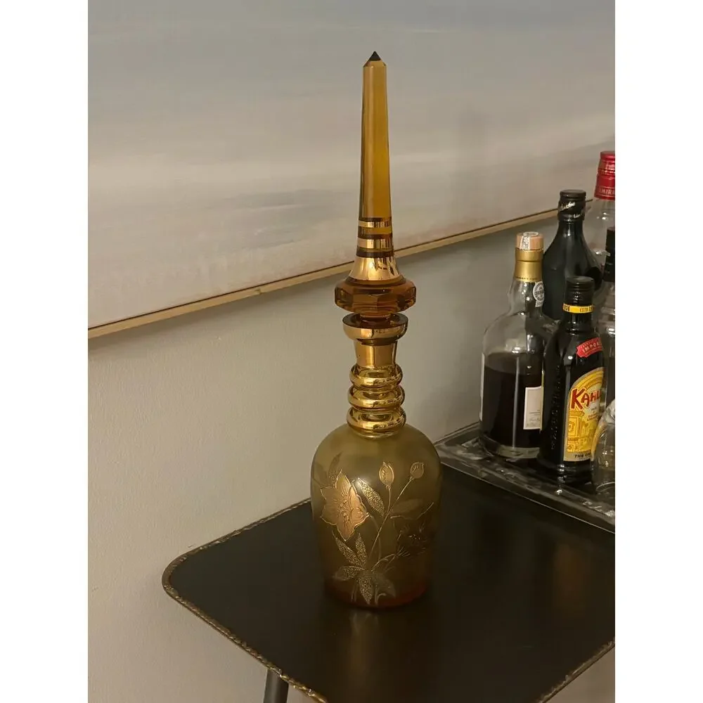 Vintage MOSER Large Decanter Art Nouveau tall stopper 19” Gold Floral 60s